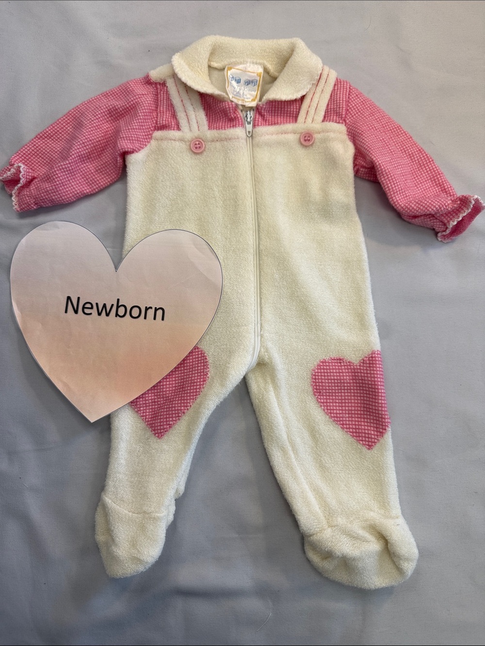 Vintage Cream and Pink Heart Fleece Footie One-Piece for Newborns